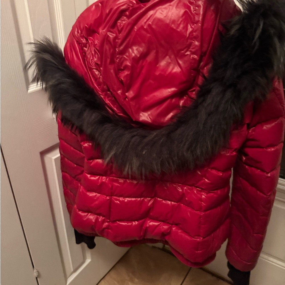 Moncler Red Puffer Jacket with Black Fur Trim